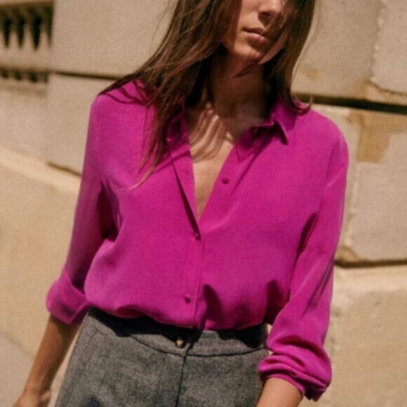 Sezane Ann 100% Silk Button Down Collared Shirt Size 44 French or US 12 Top Pink - Picture 15 of 15